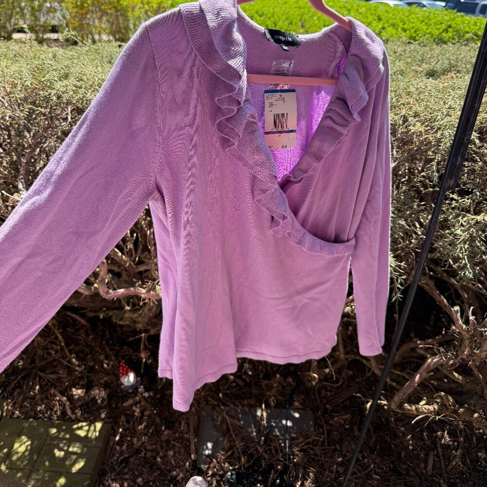 Jones Wear Womens XL Purple Lavender Ruffle V-neck Wrap Sweater Long Sleeve NWT